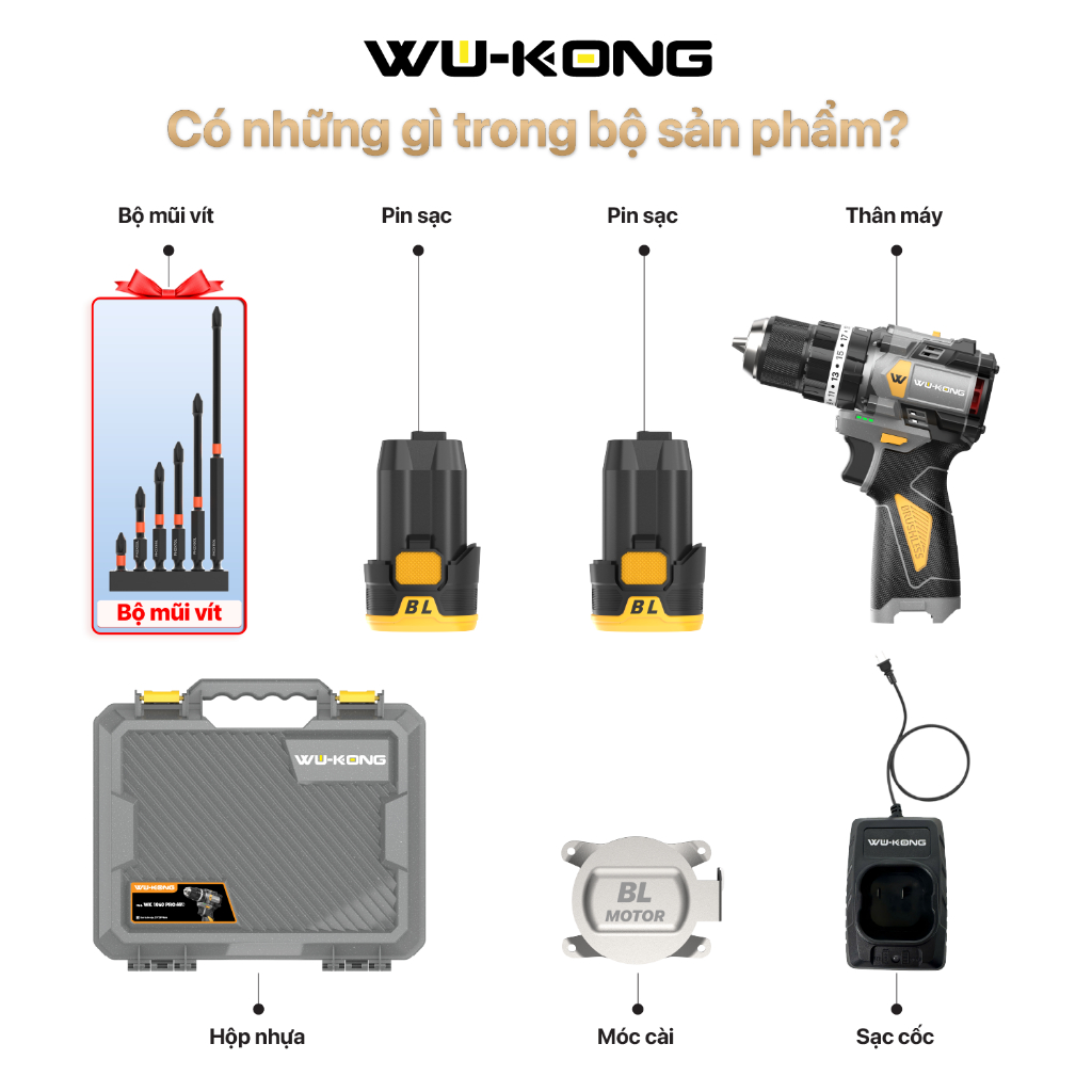 Khoan WuKong 1060 Pro Có Búa,Đầu kẹp autolook - Khoan 16,8V Không Chổi Than Đầu Kẹp 10mm