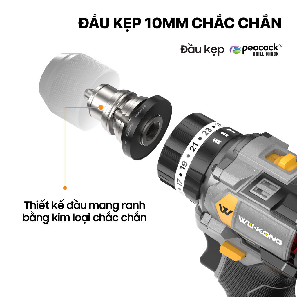 Khoan WuKong 1060 Pro Có Búa,Đầu kẹp autolook - Khoan 16,8V Không Chổi Than Đầu Kẹp 10mm