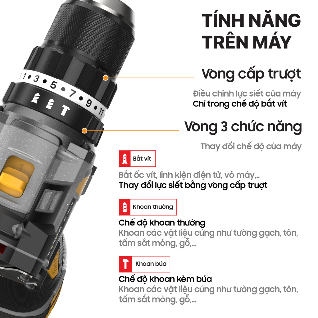 Khoan WuKong 1060 Pro Có Búa,Đầu kẹp autolook - Khoan 16,8V Không Chổi Than Đầu Kẹp 10mm