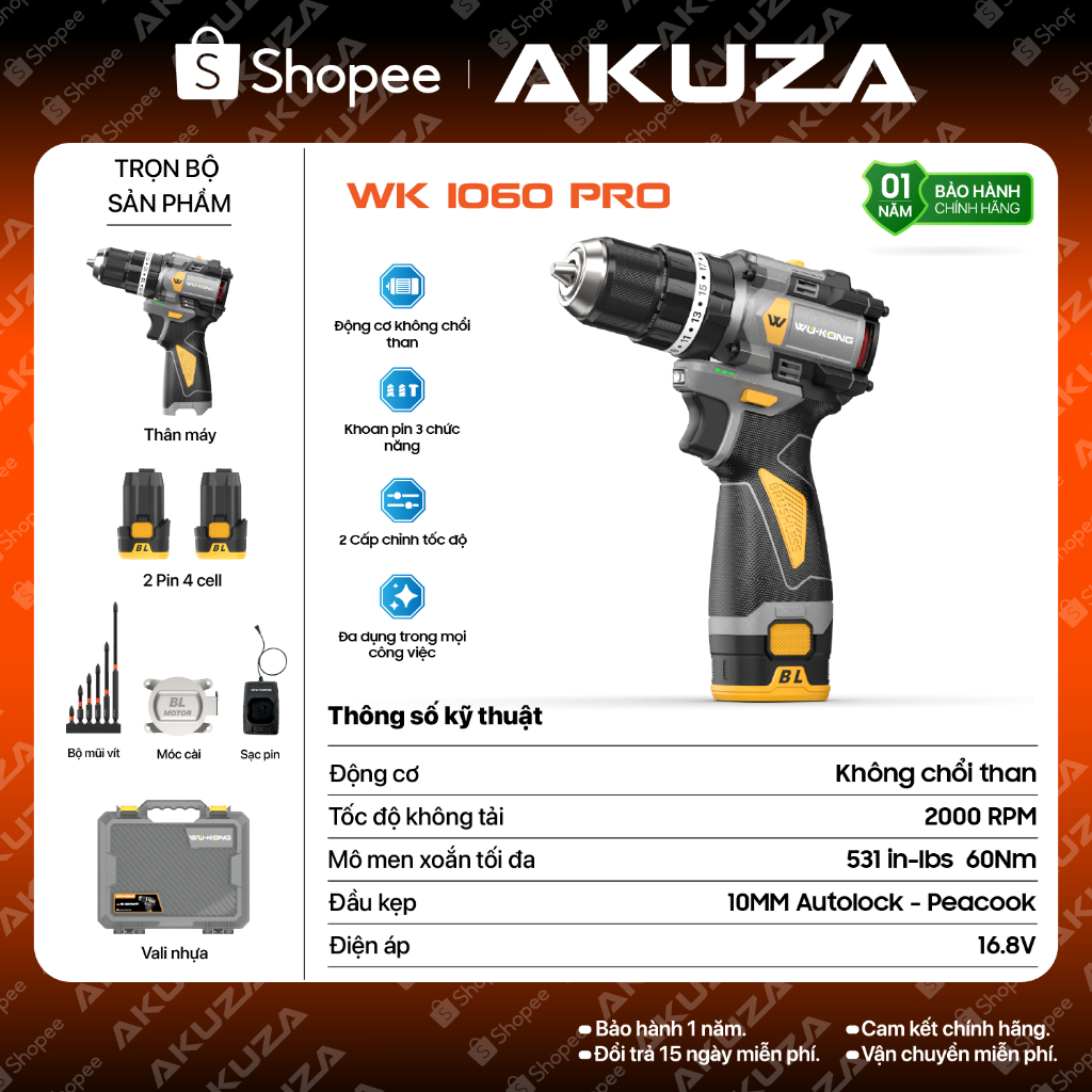 Khoan WuKong 1060 Pro Có Búa,Đầu kẹp autolook - Khoan 16,8V Không Chổi Than Đầu Kẹp 10mm