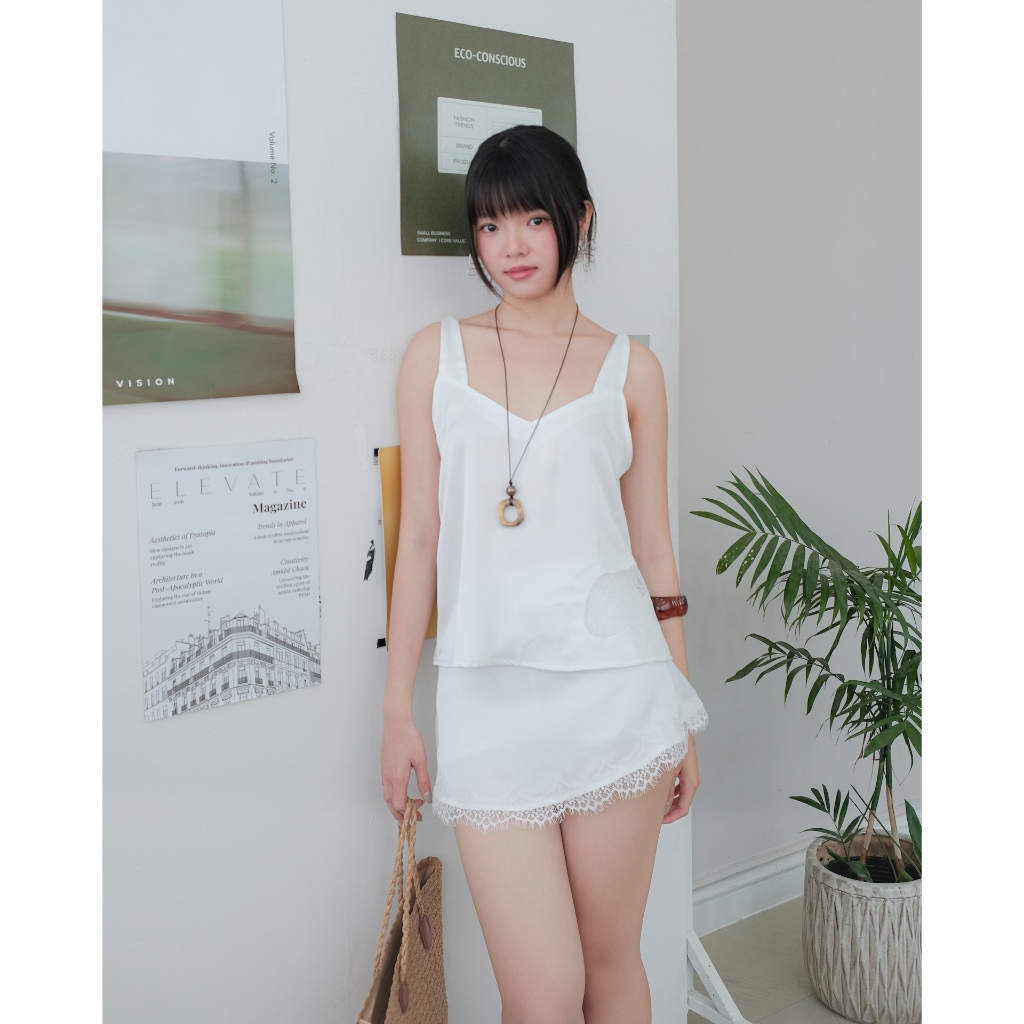 (BÁN LẺ) Set Nữ HAYUN Áo 2 Dây Bản To Và Chân Váy Chữ A Phối Ren SECODEE