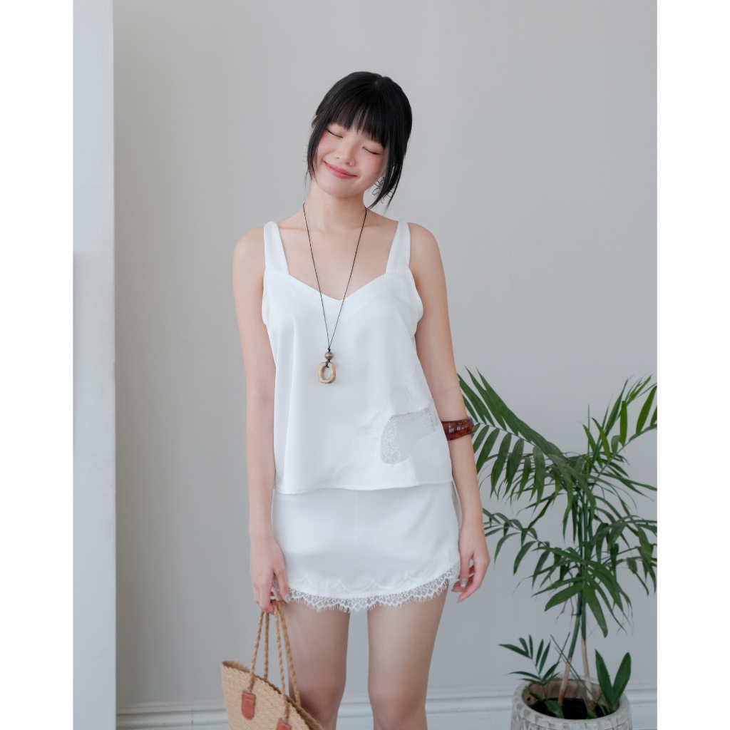 (BÁN LẺ) Set Nữ HAYUN Áo 2 Dây Bản To Và Chân Váy Chữ A Phối Ren SECODEE