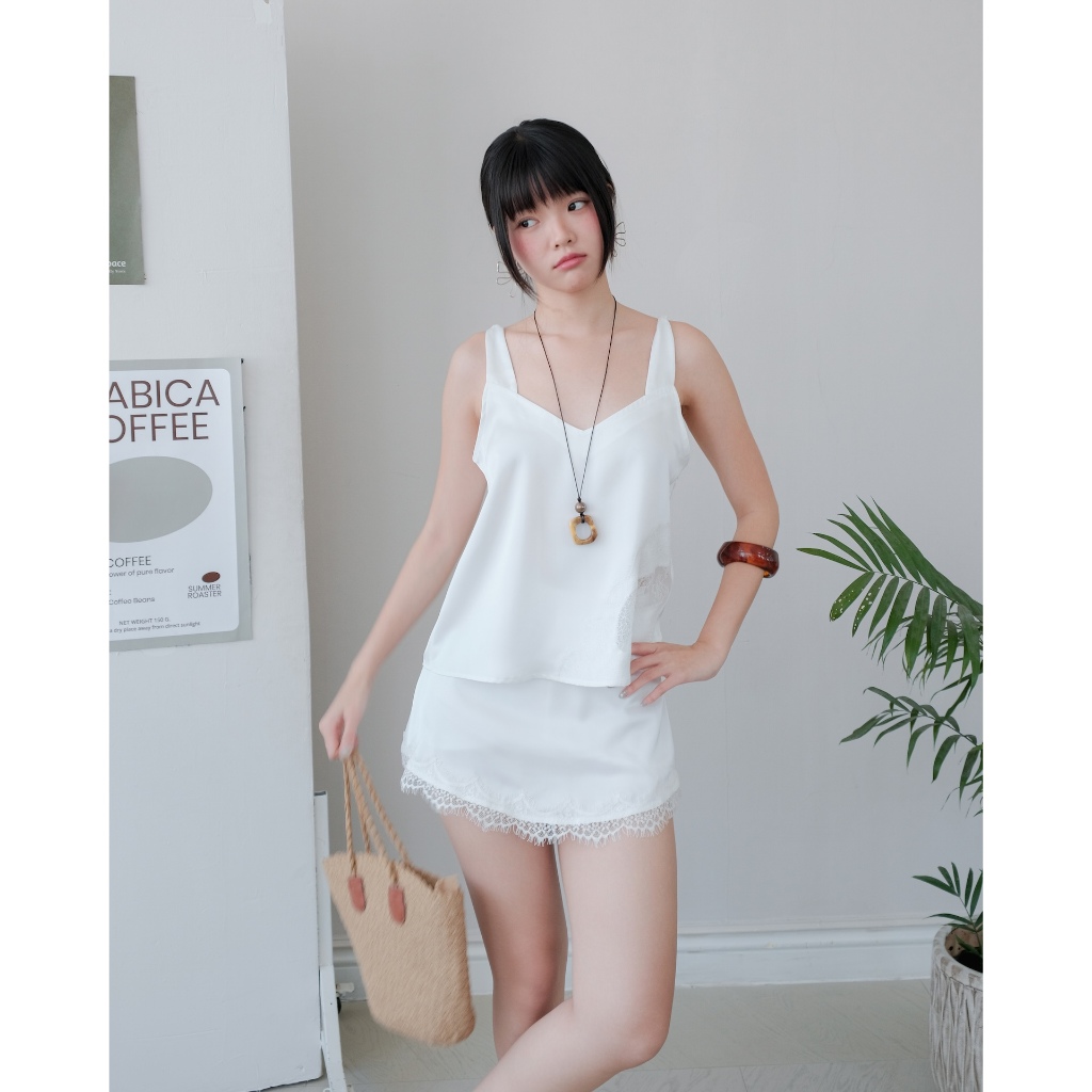 (BÁN LẺ) Set Nữ HAYUN Áo 2 Dây Bản To Và Chân Váy Chữ A Phối Ren SECODEE