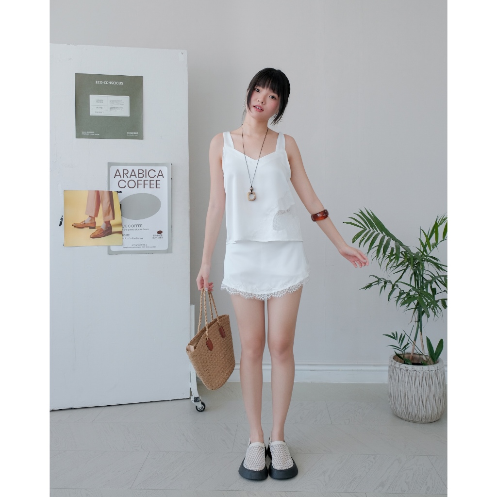 (BÁN LẺ) Set Nữ HAYUN Áo 2 Dây Bản To Và Chân Váy Chữ A Phối Ren SECODEE