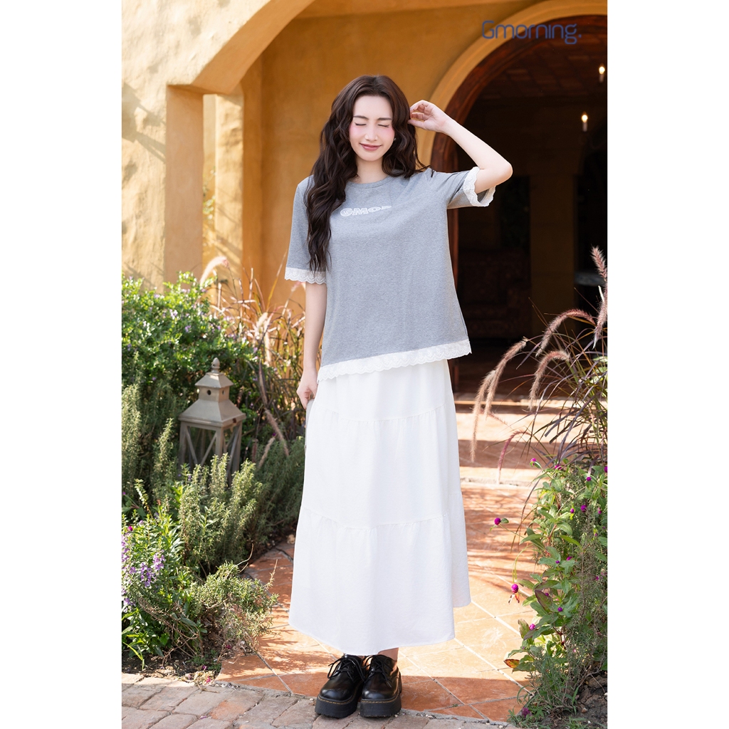 Áo Thun Nữ Gmorning - GUMAC Form Suông Rộng Tay Lửng Phối Ren Nữ Tính YATG04047