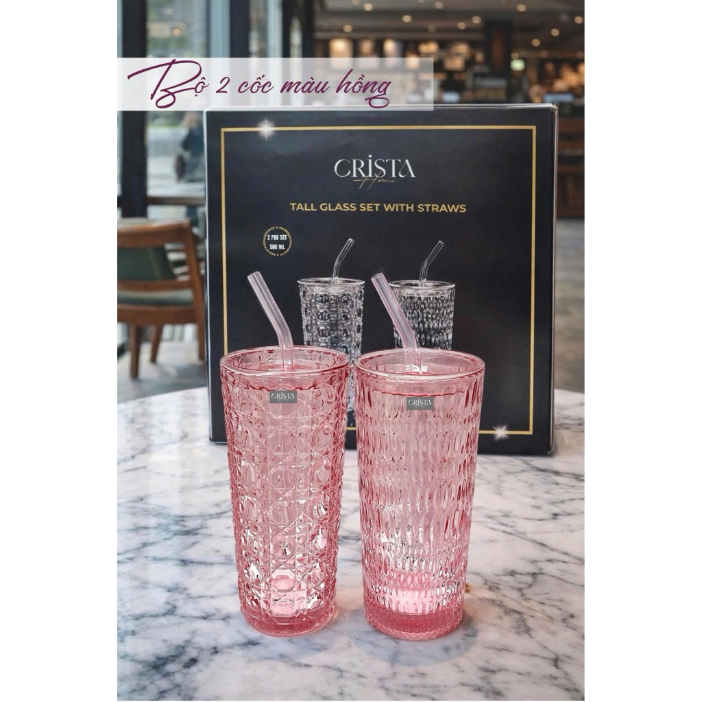 Bộ 2 Cốc Thủy Tinh 500ml Kèm Ống Hút Crista Home 60243 | Cốc Pha Lê Cao Cấp Có Nắp | Tặng 2 Nắp Nhựa Chống Tràn