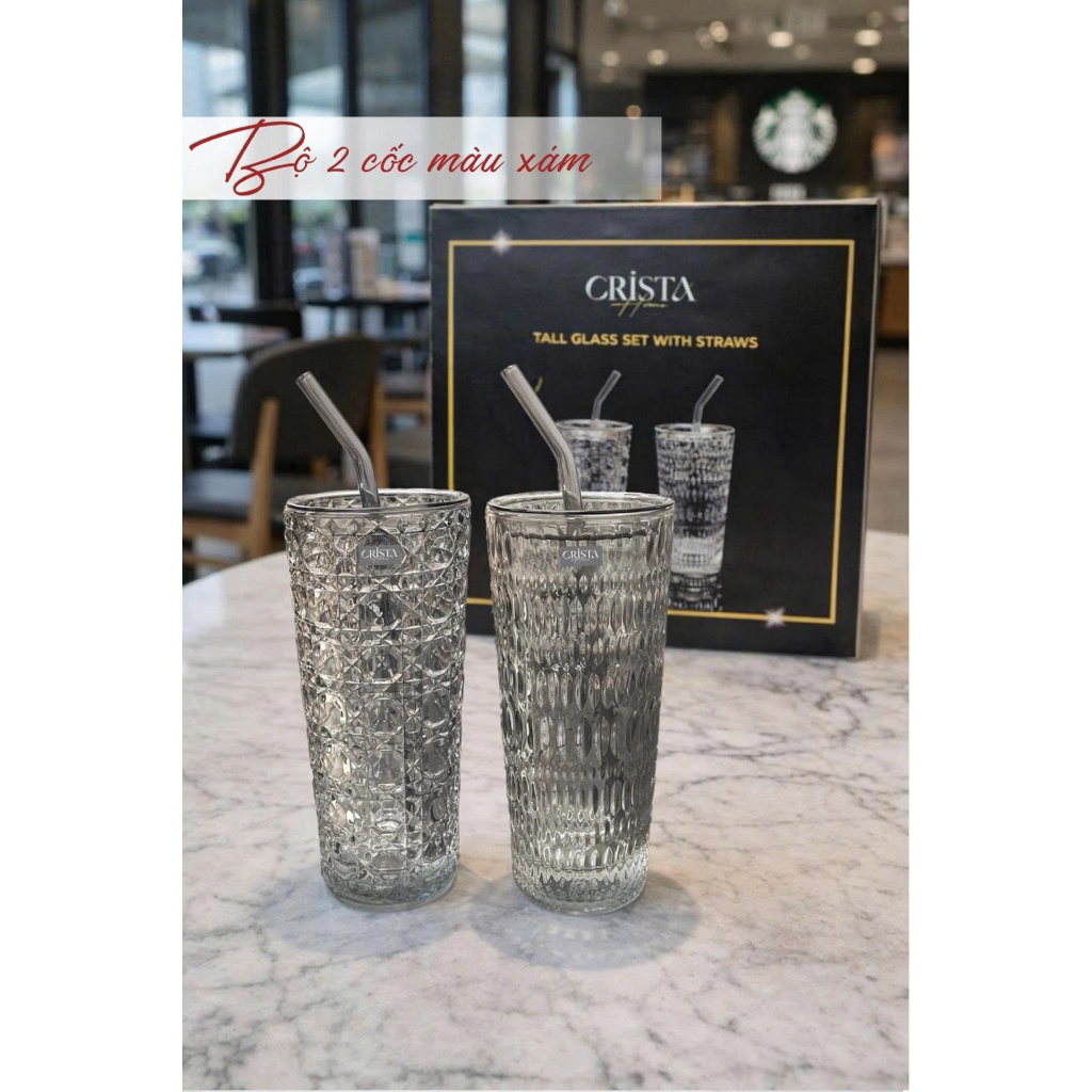 Bộ 2 Cốc Thủy Tinh 500ml Kèm Ống Hút Crista Home 60243 | Cốc Pha Lê Cao Cấp Có Nắp | Tặng 2 Nắp Nhựa Chống Tràn