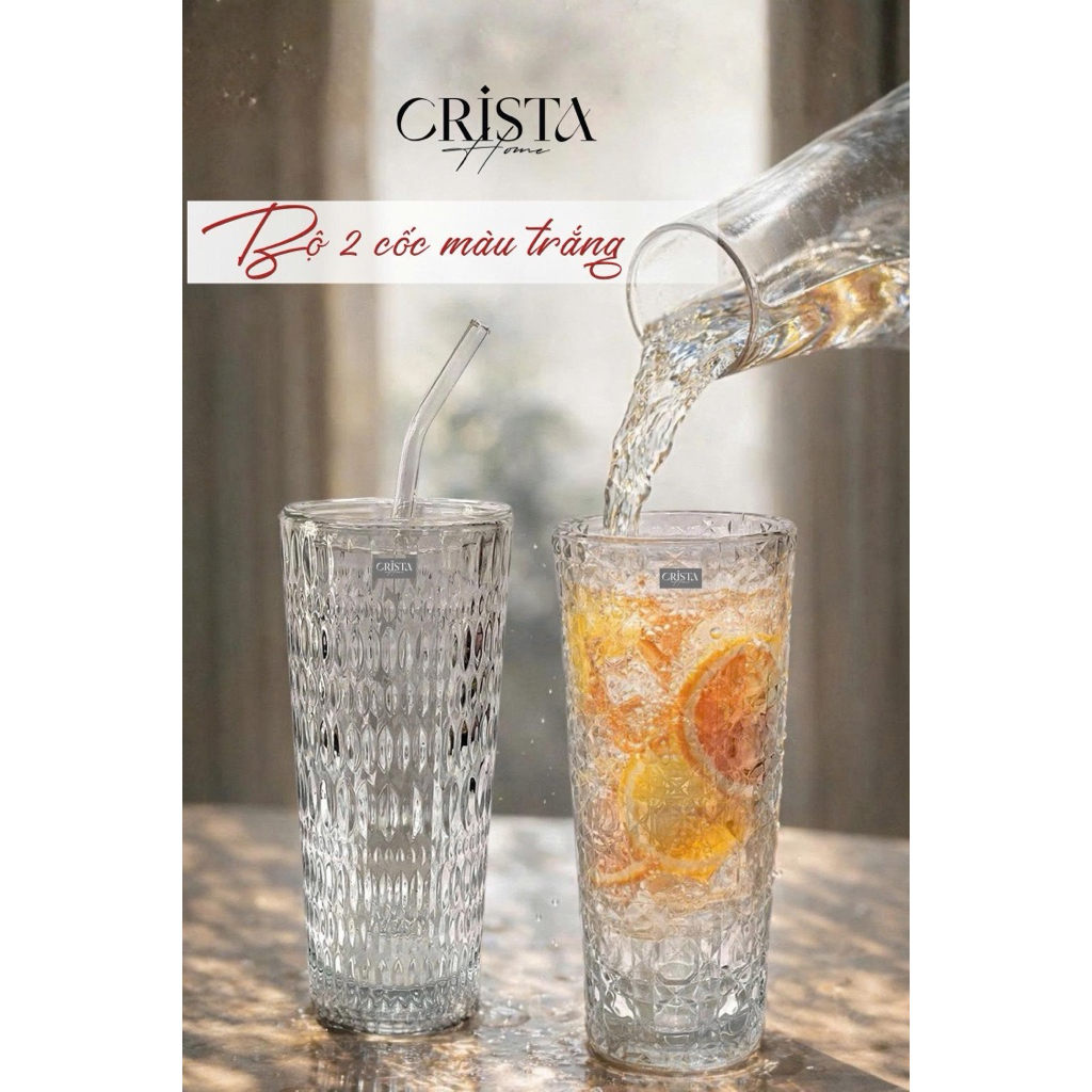 Bộ 2 Cốc Thủy Tinh 500ml Kèm Ống Hút Crista Home 60243 | Cốc Pha Lê Cao Cấp Có Nắp | Tặng 2 Nắp Nhựa Chống Tràn