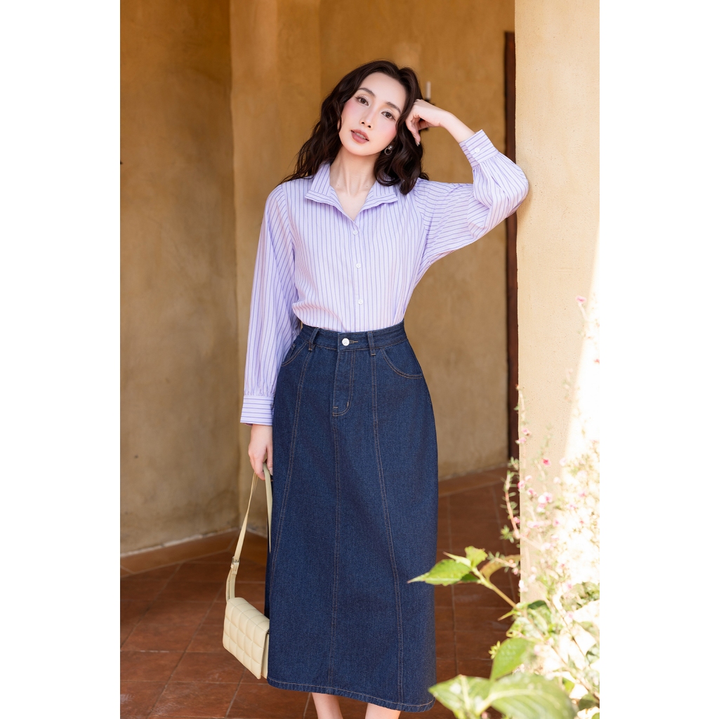 Áo sơ mi nữ dáng suông GUMAC - Gmorning form rông tay dài lai bâu YAG04042
