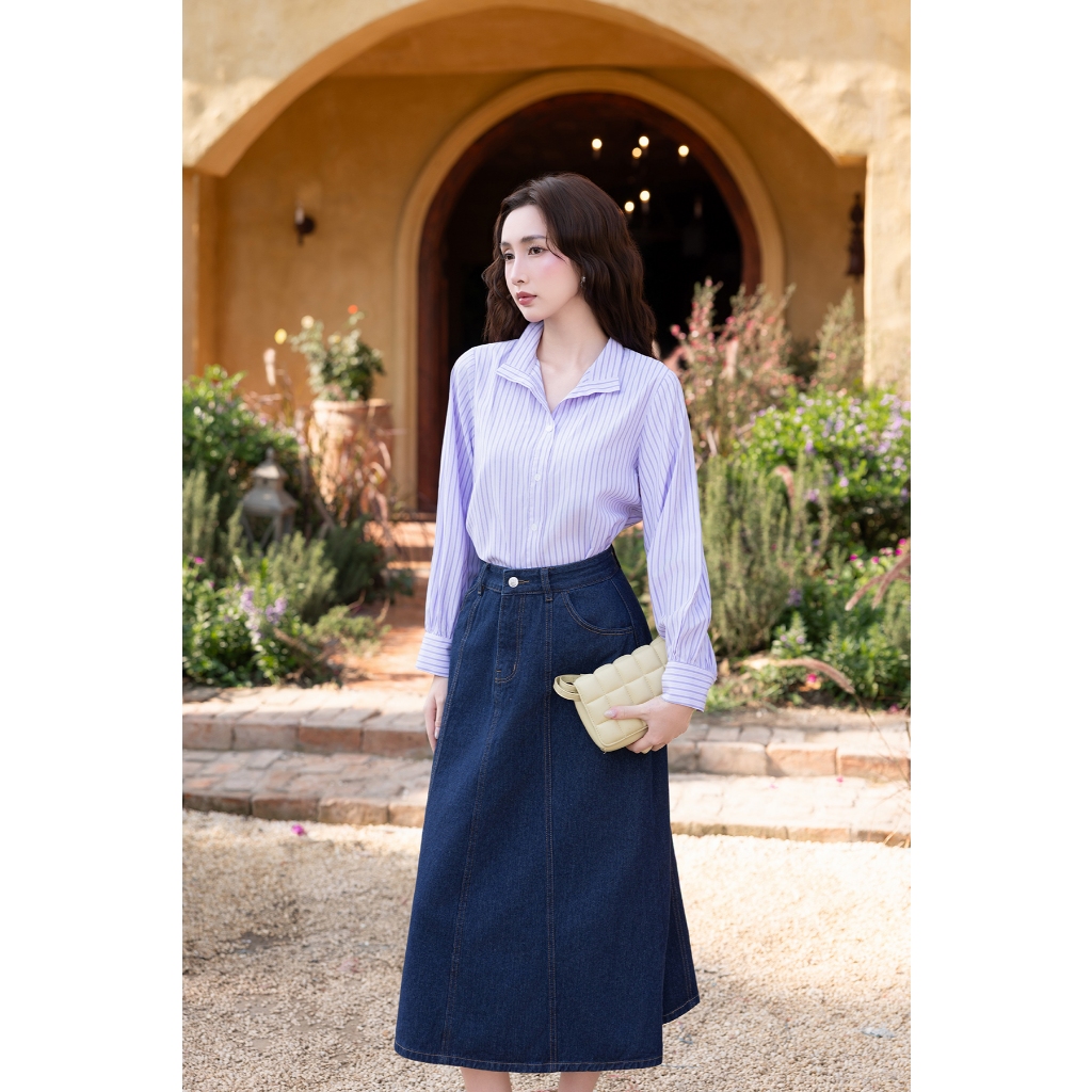 Áo sơ mi nữ dáng suông GUMAC - Gmorning form rông tay dài lai bâu YAG04042
