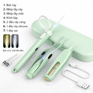 ( pin sạc ) Bộ ráy tai  pin sạc  có đèn led và 2 kính lúp  8 món có hộp đựng  full box -chăm sóc tai