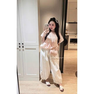 Set Bộ Đồ Nữ Thô Mềm Áo Màu Hồng Chấm Bi Cổ Tròn Tay Bồng Gấu Bí Phồng Mix Quần Sài Ống Rộng Bèo Gấu