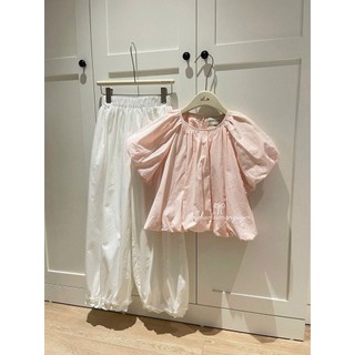 Set Bộ Đồ Nữ Thô Mềm Áo Màu Hồng Chấm Bi Cổ Tròn Tay Bồng Gấu Bí Phồng Mix Quần Sài Ống Rộng Bèo Gấu
