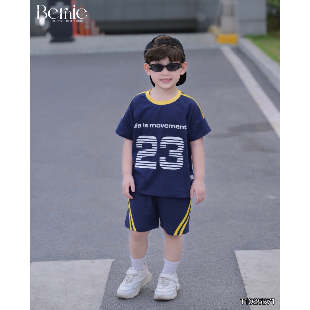 Set cộc tay thể thao in số cá tính Bernie, Bộ cotton cộc tay co giãn thoáng mát cho bé trai 9-28kg