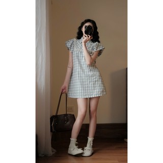 Váy Kẻ Caro Nữ Cổ Sơ Mi Tay Bồng Dáng Suông Thanh Lịch Tiểu Thư Hàn Quốc Form Rộng Dễ Thương 247Store Vay1009