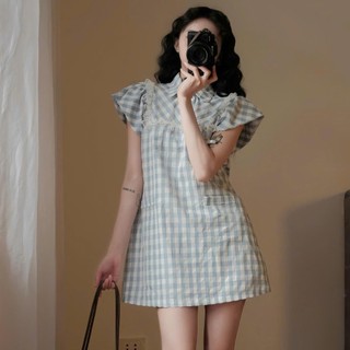 Váy Kẻ Caro Nữ Cổ Sơ Mi Tay Bồng Dáng Suông Thanh Lịch Tiểu Thư Hàn Quốc Form Rộng Dễ Thương 247Store Vay1009