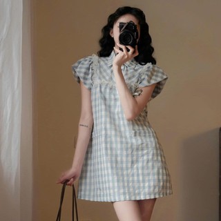 Váy Kẻ Caro Nữ Cổ Sơ Mi Tay Bồng Dáng Suông Thanh Lịch Tiểu Thư Hàn Quốc Form Rộng Dễ Thương 247Store Vay1009