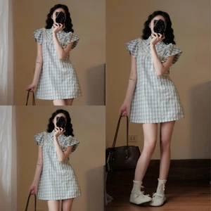 Váy Kẻ Caro Nữ Cổ Sơ Mi Tay Bồng Dáng Suông Thanh Lịch Tiểu Thư Hàn Quốc Form Rộng Dễ Thương 247Store Vay1009