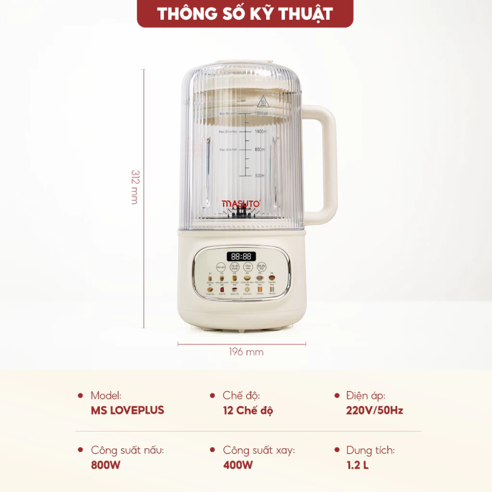 Máy Làm Sữa Hạt MSLovePlus Masuto Dung Tích 1,2Lít, Chống Ồn, Chống Trào Với 12 Chế Độ Nấu, BH 2 Năm