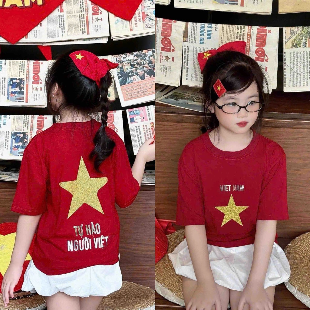 Áo thun cho bé hình cờ đỏ sao vàng ánh nhũ, áo phông gia đình,TPKIDS,[M1133]