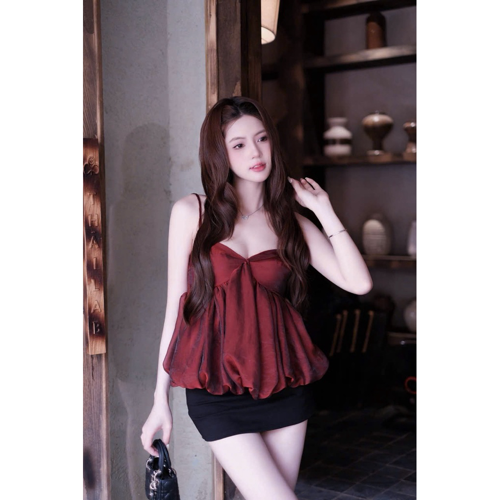 [Sẵn S]Sét áo 2 dây dáng bí kèm cv ôm S77 SM đỏ, nâu