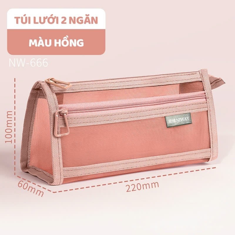 Hộp Bút Lưới 2 Ngăn Trong Suốt Đơn Giản, Túi Đựng Bút Văn Phòng Phong Cách Hàn Tiện Lợi, Giá Rẻ