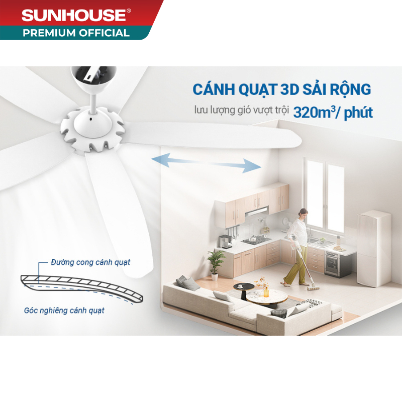 Quạt trần 5 cánh SUNHOUSE APEX APF7668W - Tiết kiệm điện, đảo chiều quay dùng 4 mùa