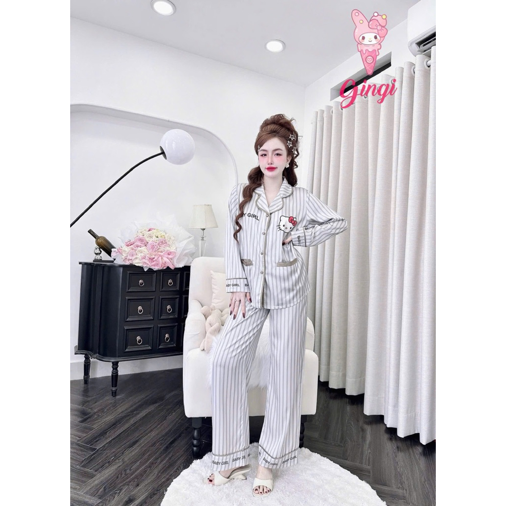 [21025]Tay dài quần dài pijama sang chảnh nắp túi ngược,lụa latin mềm nhẹ mát