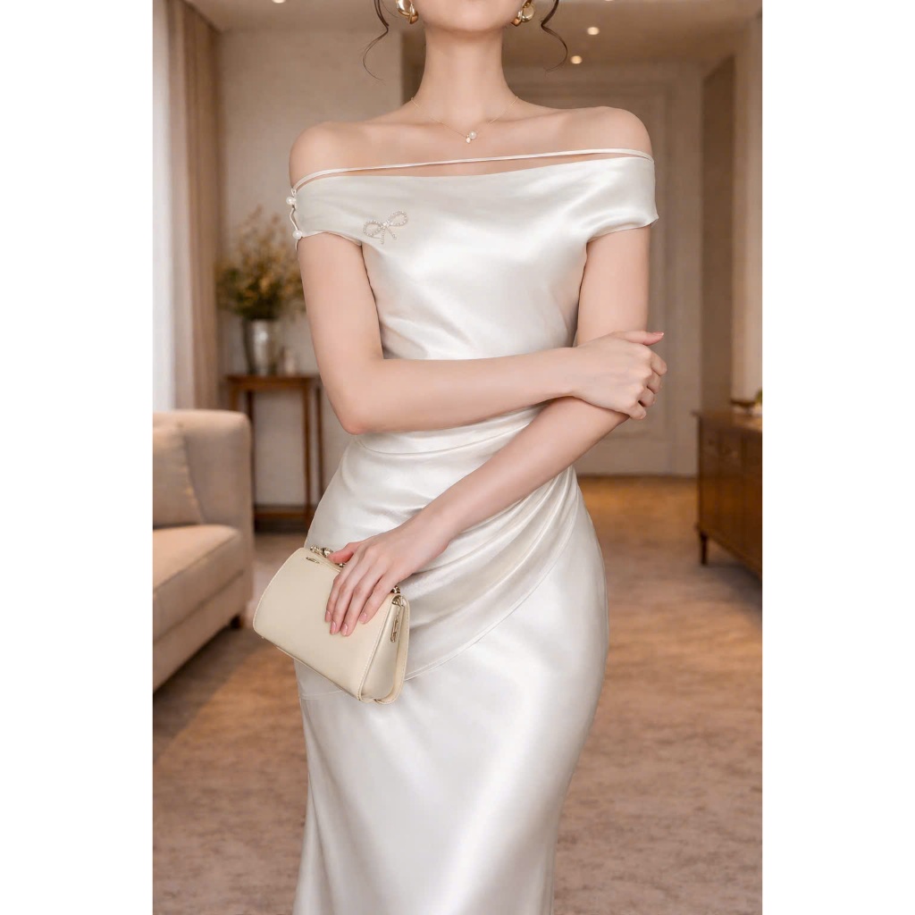 ĐẦM LỤA HÀN BỆT VAI HỒNG & NUDE
