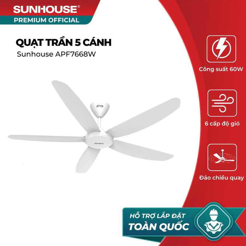 Quạt trần 5 cánh SUNHOUSE APEX APF7668W - Tiết kiệm điện, đảo chiều quay dùng 4 mùa