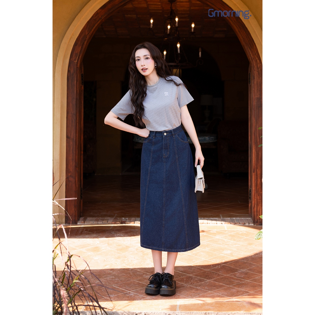 Chân váy jeans GUMAC - Gmorning denim form A midi cách điệu thân trước có túi hàm ếch YVJG04010