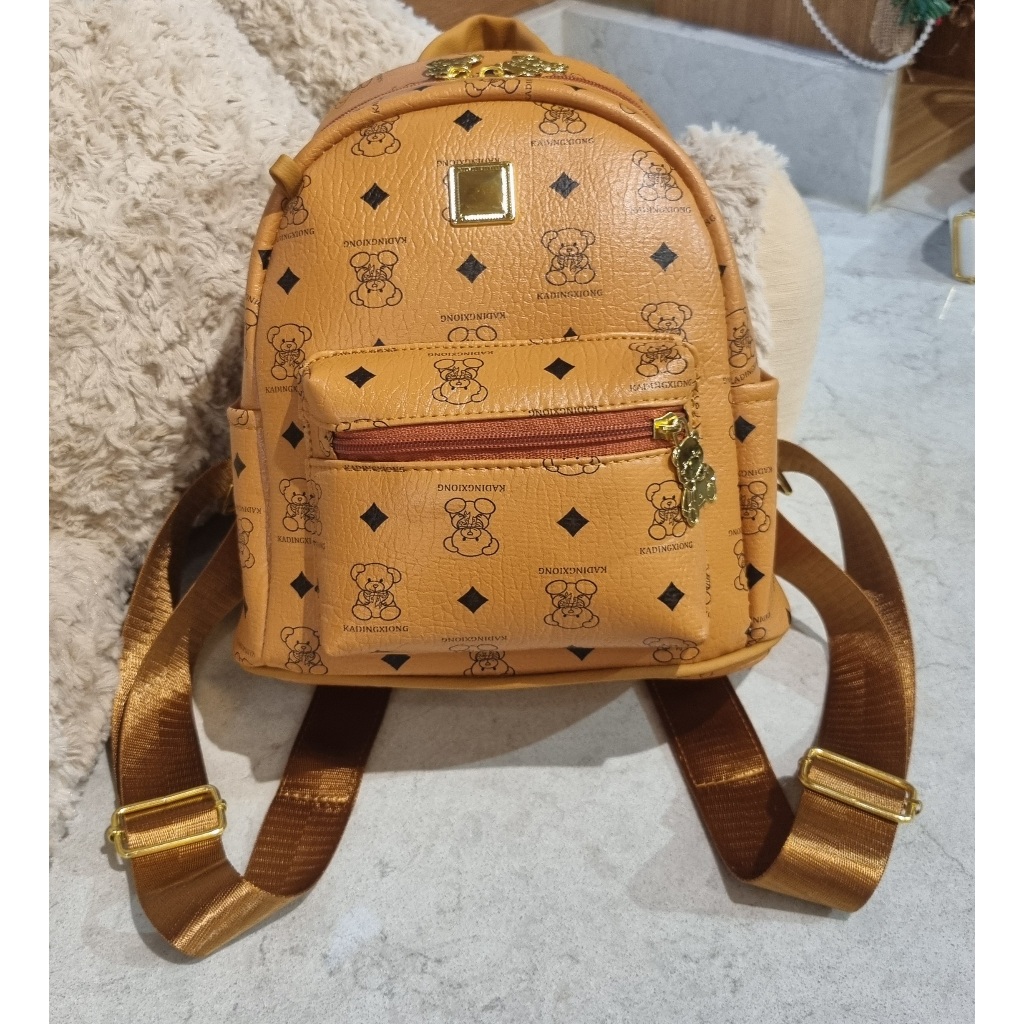 Balo Nữ QC Gấu Da PU Màu Nâu Bò Size 38 Và 28 Gọn Phong Cách Trẻ Trung Đi Học Đi Làm Đi Chơi