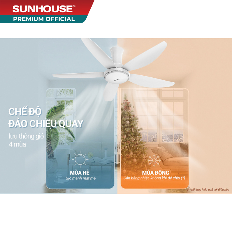 Quạt trần 5 cánh có đèn SUNHOUSE APEX APF7676W - Tiết kiệm điện, đảo chiều quay, đèn LED 3 màu
