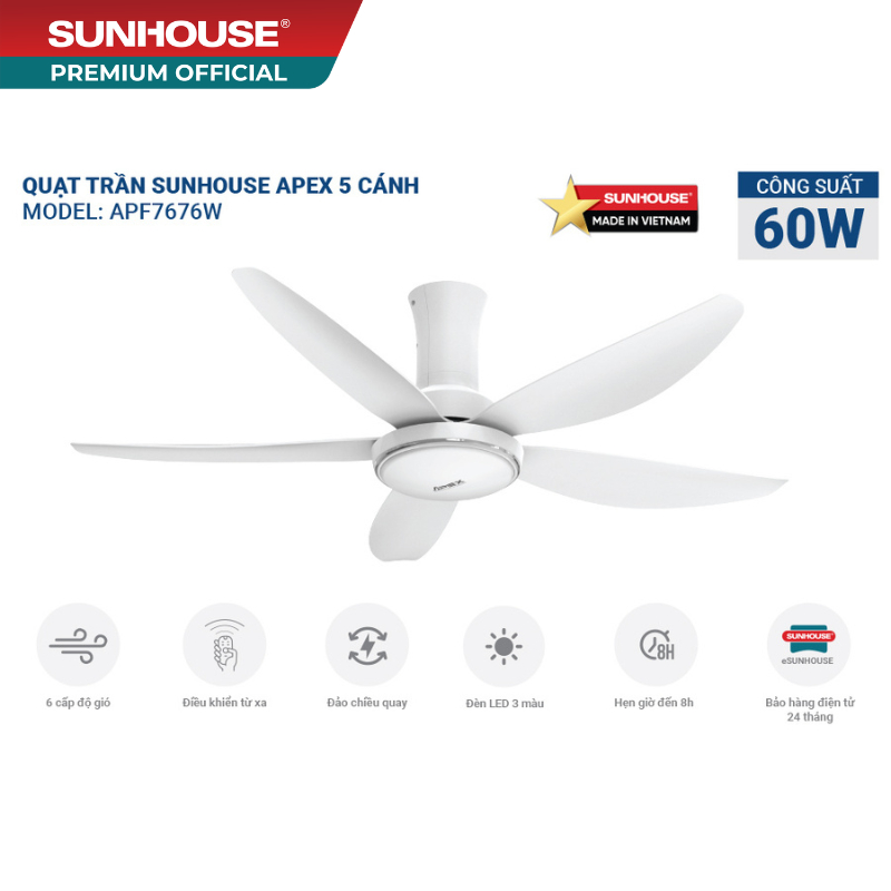 Quạt trần 5 cánh có đèn SUNHOUSE APEX APF7676W - Tiết kiệm điện, đảo chiều quay, đèn LED 3 màu