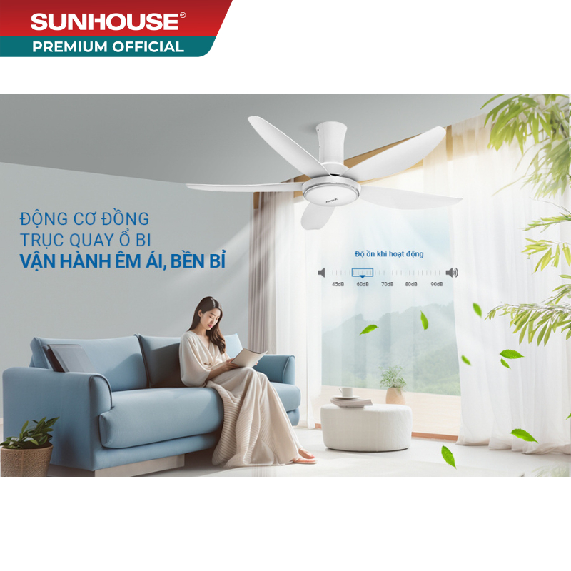 Quạt trần 5 cánh có đèn SUNHOUSE APEX APF7676W - Tiết kiệm điện, đảo chiều quay, đèn LED 3 màu