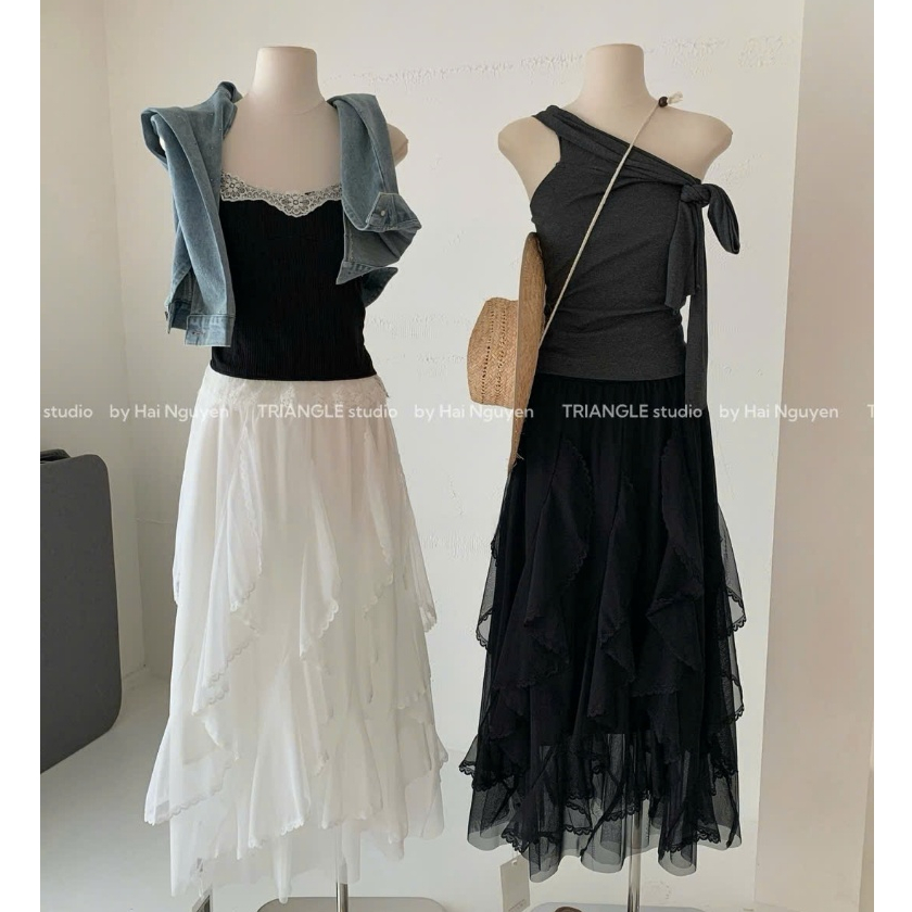 TRIANGLE - Gentle Skirt (Cân nhắc kỹ, return is not welcomed) - Chân váy gợn sóng viền ren Hàn Quốc dáng dài thanh lịch