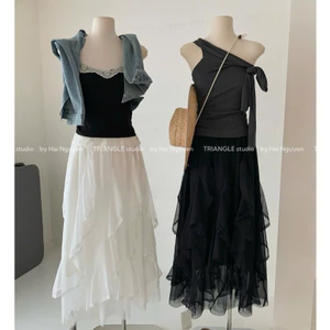 TRIANGLE - Gentle Skirt (Cân nhắc kỹ, return is not welcomed) - Chân váy gợn sóng viền ren Hàn Quốc dáng dài thanh lịch