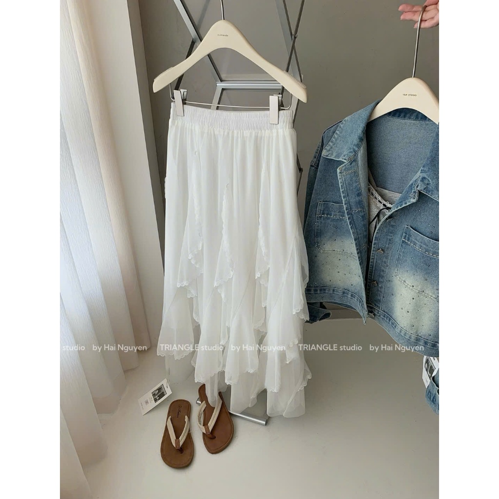TRIANGLE - Gentle Skirt (Cân nhắc kỹ, return is not welcomed) - Chân váy gợn sóng viền ren Hàn Quốc dáng dài thanh lịch