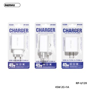 Củ sạc nhanh 3 cổng REMAX RP-U139 chân dẹp US, 2 cổng TypeC, 1 cổng USB-A, Max 45W (Trắng)
