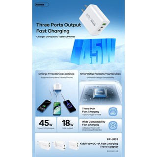 Củ sạc nhanh 3 cổng REMAX RP-U139 chân dẹp US, 2 cổng TypeC, 1 cổng USB-A, Max 45W (Trắng)