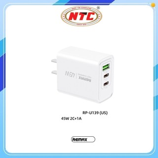 Củ sạc nhanh 3 cổng REMAX RP-U139 chân dẹp US, 2 cổng TypeC, 1 cổng USB-A, Max 45W (Trắng)