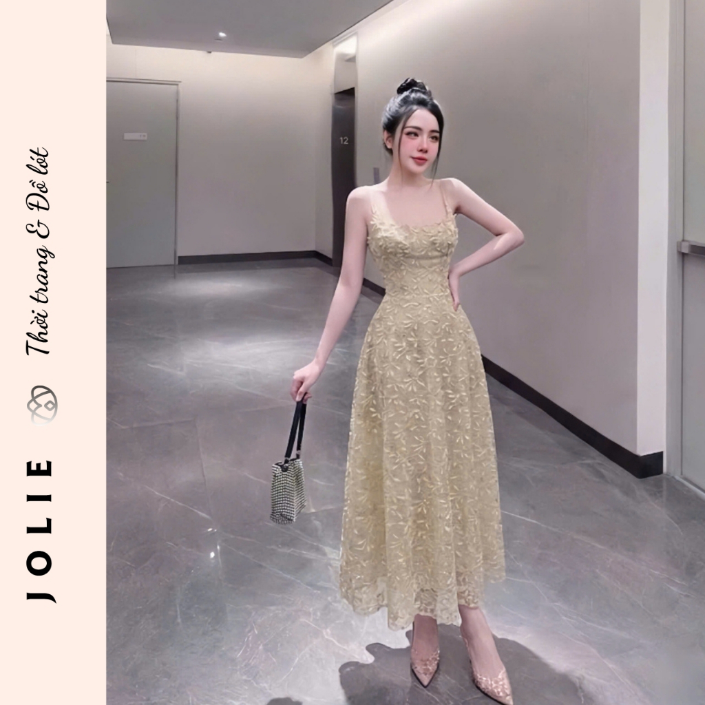 Đầm Hai Dây Dáng Xòe JOLIE – Váy Ren Hoa Nổi Cao Cấp Sang Trọng Dự Tiệc (Kèm Ảnh Thật)