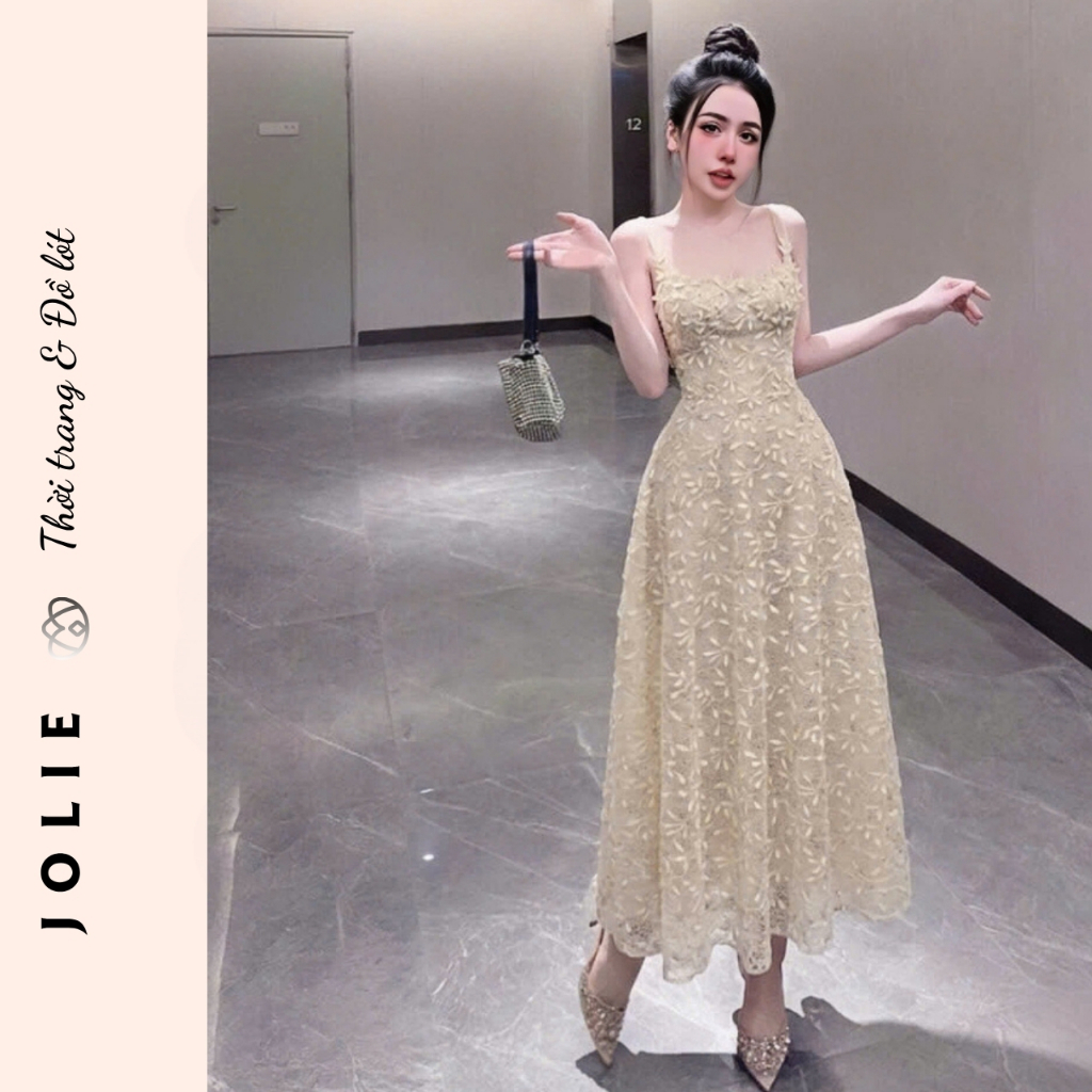 Đầm Hai Dây Dáng Xòe JOLIE – Váy Ren Hoa Nổi Cao Cấp Sang Trọng Dự Tiệc (Kèm Ảnh Thật)