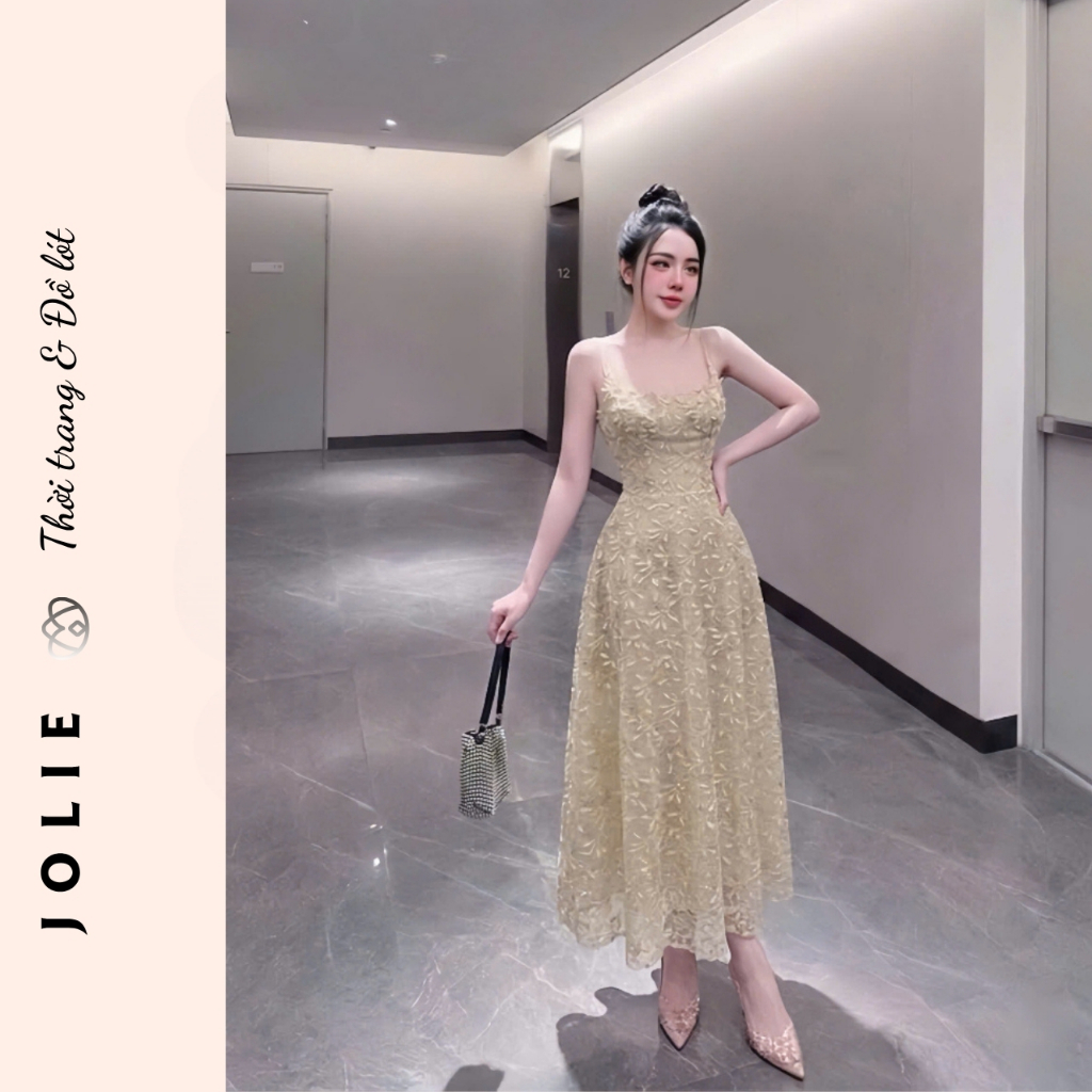Đầm Hai Dây Dáng Xòe JOLIE – Váy Ren Hoa Nổi Cao Cấp Sang Trọng Dự Tiệc (Kèm Ảnh Thật)