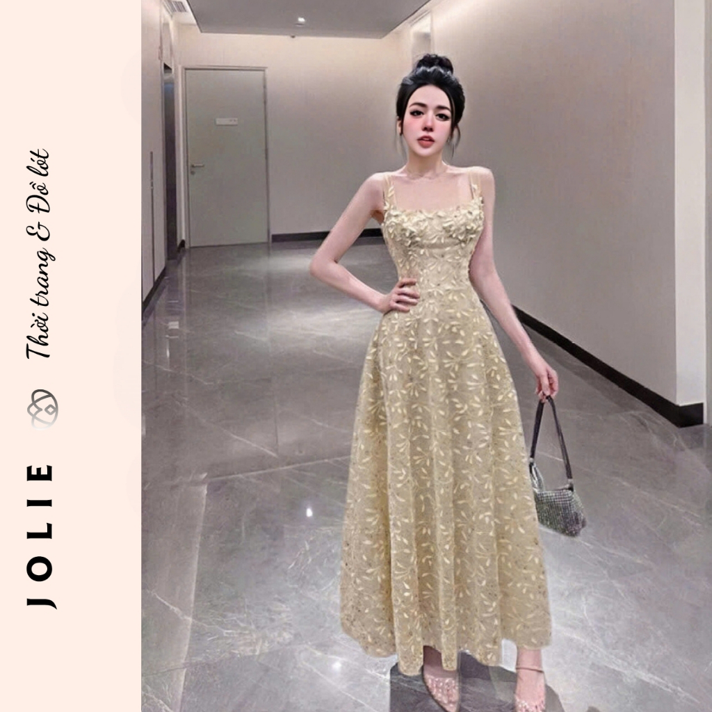 Đầm Hai Dây Dáng Xòe JOLIE – Váy Ren Hoa Nổi Cao Cấp Sang Trọng Dự Tiệc (Kèm Ảnh Thật)