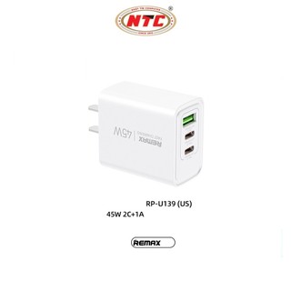 Củ sạc nhanh 3 cổng REMAX RP-U139 chân dẹp US, 2 cổng TypeC, 1 cổng USB-A, Max 45W (Trắng) - Phụ Kiện Nhất Tín