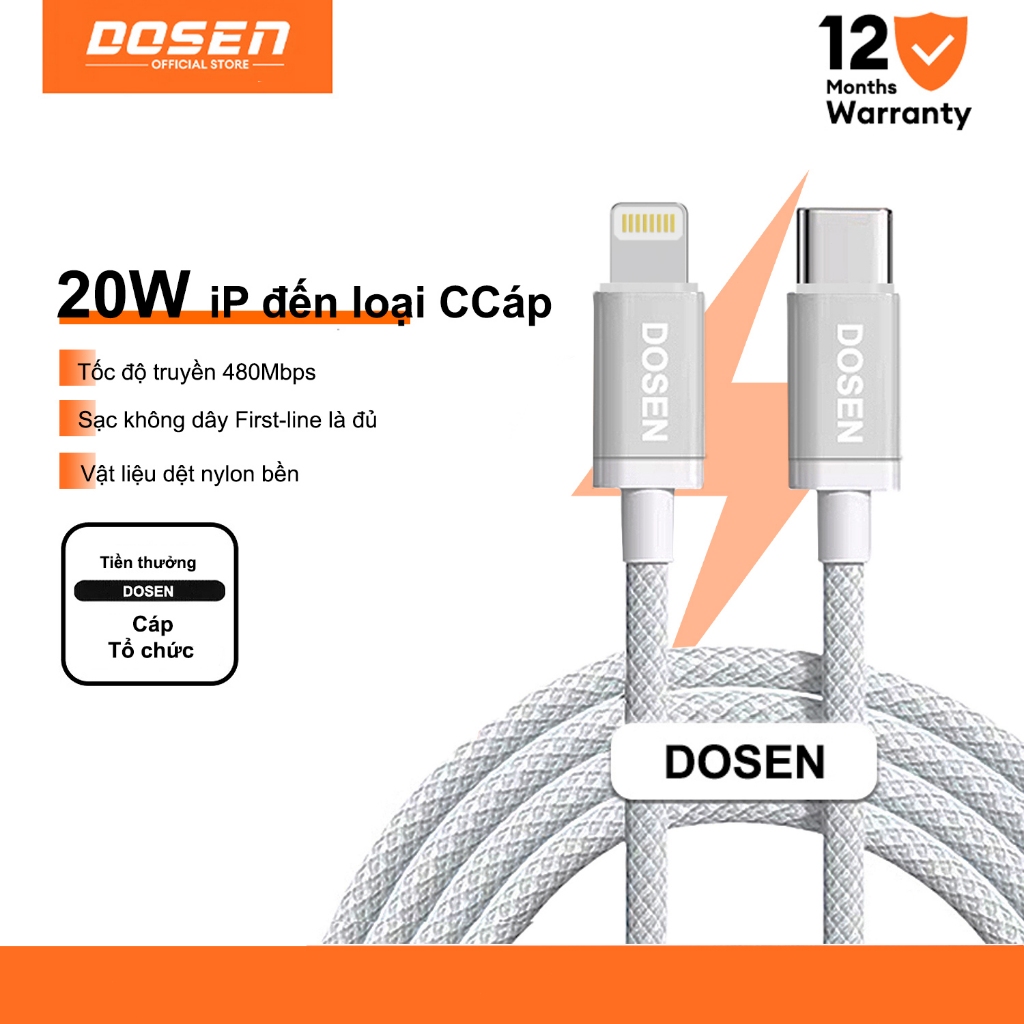 Dây Cáp DOSEN PD 20W Nối Đầu Type-C Sang Đầu Sạc Nhanh Hỗ Trợ Truyền Dữ Liệu 480Mbps