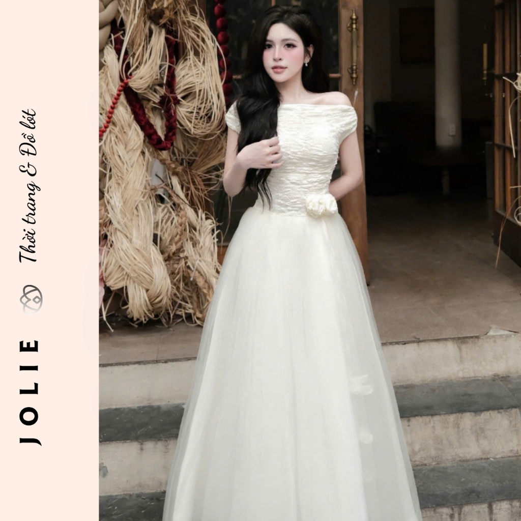 Váy Trắng Dự Tiệc JOLIE – Đầm Trễ Vai Phối Tulle Xòe Phồng Đính Hoa Thủ Công Sang Trọng