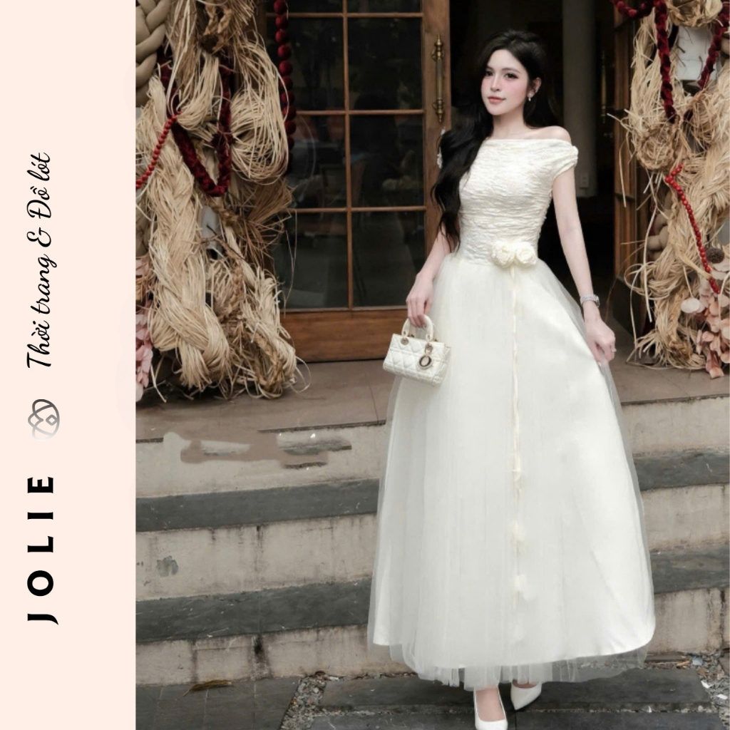Váy Trắng Dự Tiệc JOLIE – Đầm Trễ Vai Phối Tulle Xòe Phồng Đính Hoa Thủ Công Sang Trọng