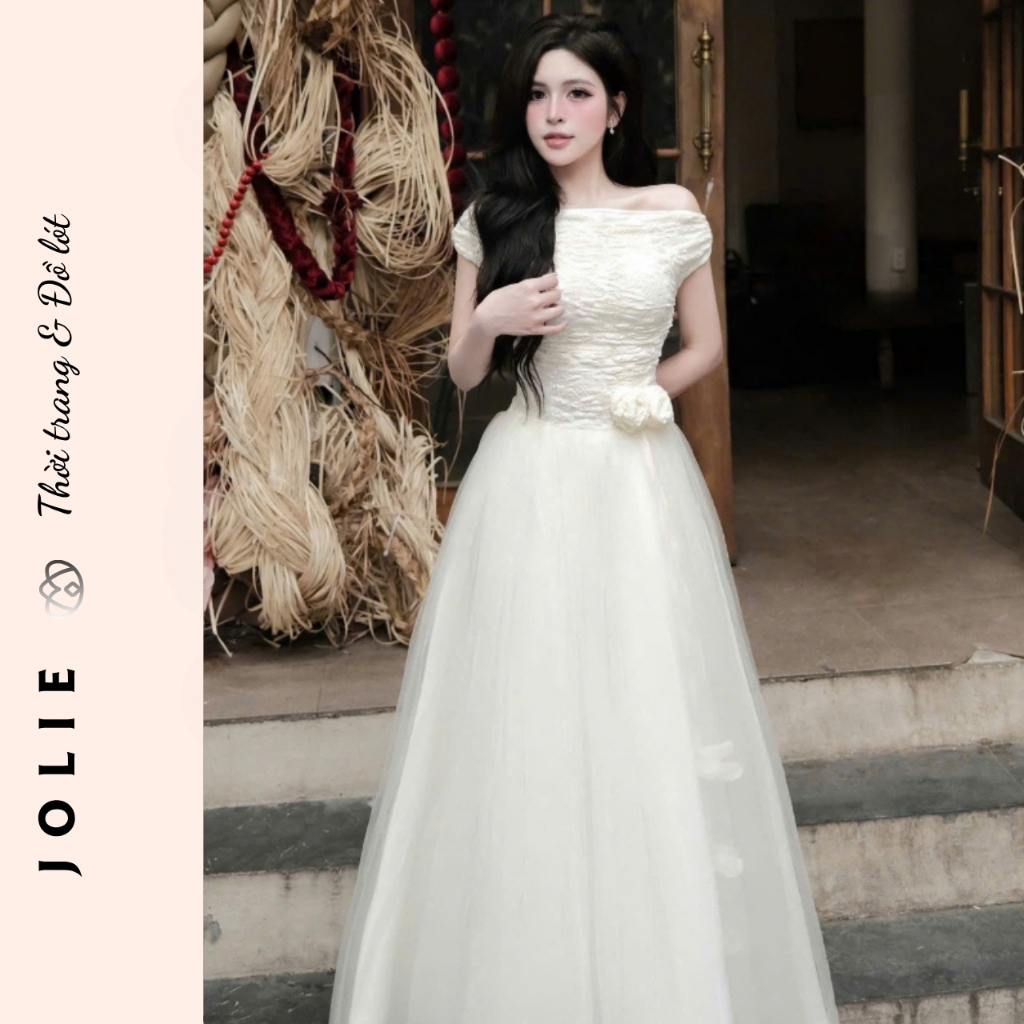Váy Trắng Dự Tiệc JOLIE – Đầm Trễ Vai Phối Tulle Xòe Phồng Đính Hoa Thủ Công Sang Trọng
